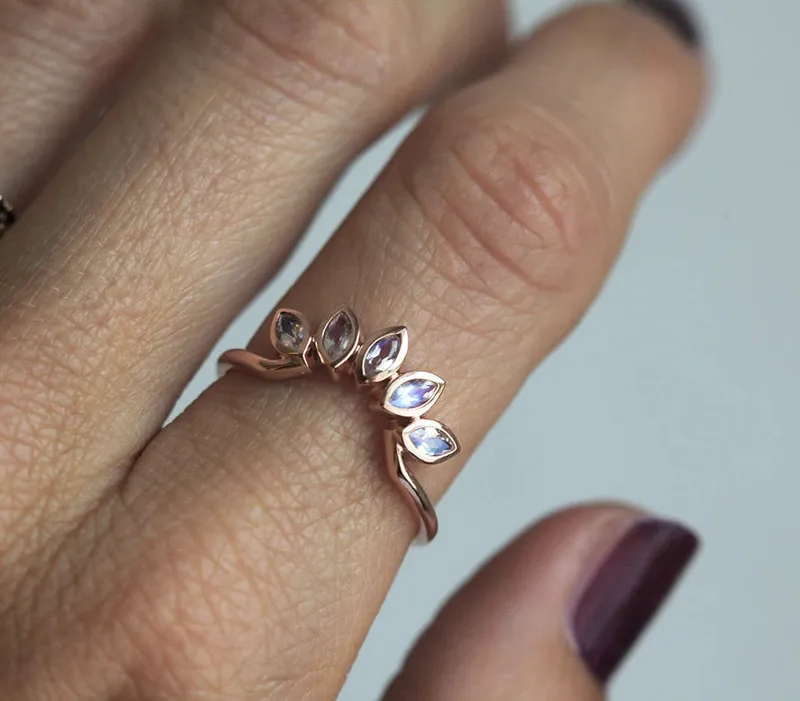 Rose Gold Moonstone Ring Set, Floral Moonstone Ring view 10