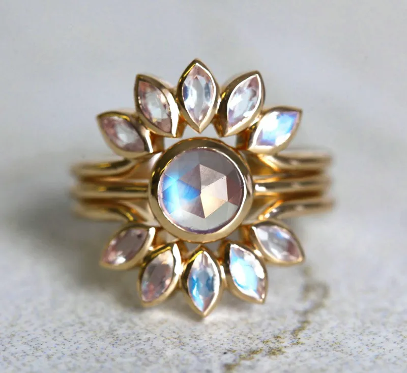 Rose Gold Moonstone Ring Set, Floral Moonstone Ring view 11