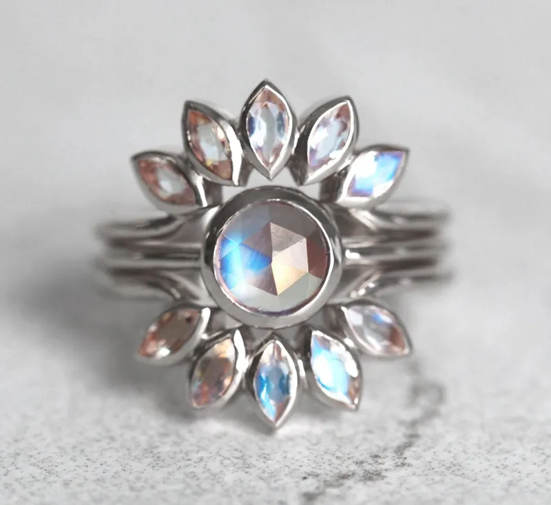 Rose Gold Moonstone Ring Set, Floral Moonstone Ring view 12