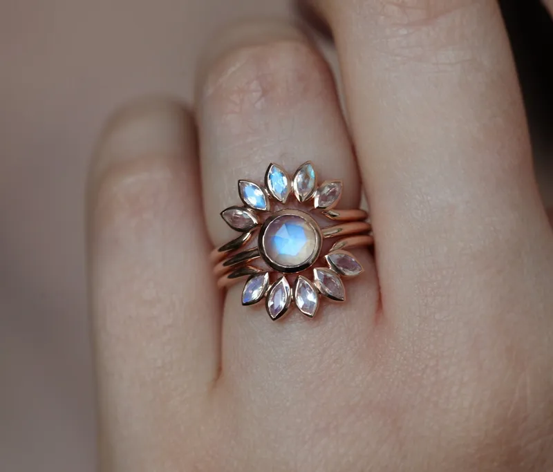 Rose Gold Moonstone Ring Set, Floral Moonstone Ring view 2
