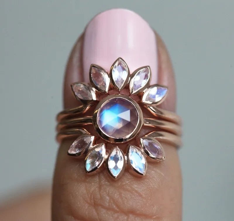 Rose Gold Moonstone Ring Set, Floral Moonstone Ring view 4