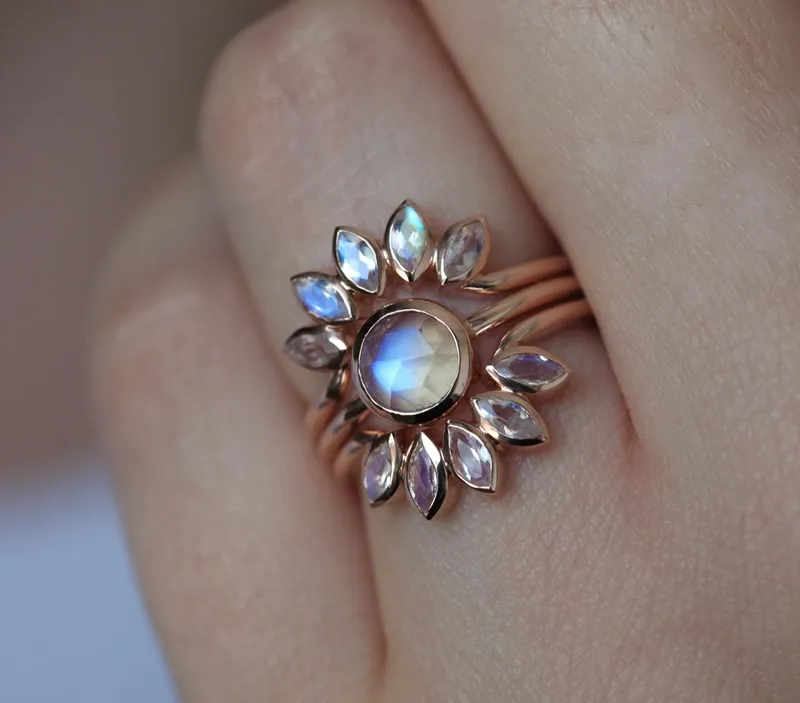 Rose Gold Moonstone Ring Set, Floral Moonstone Ring view 5