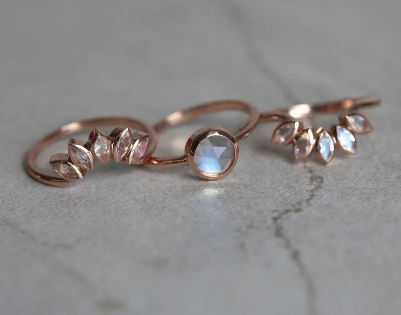 Rose Gold Moonstone Ring Set, Floral Moonstone Ring view 6