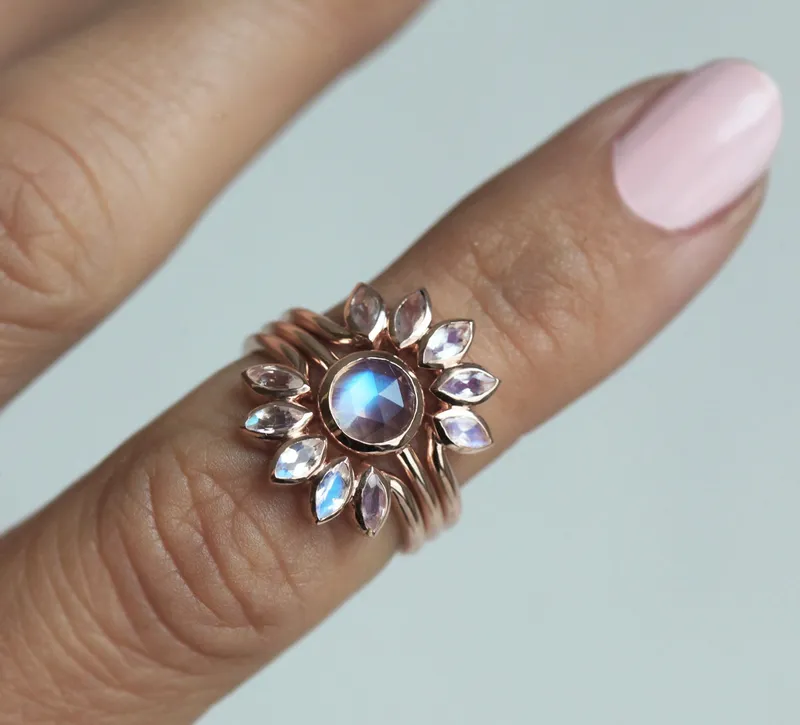 Rose Gold Moonstone Ring Set, Floral Moonstone Ring view 7