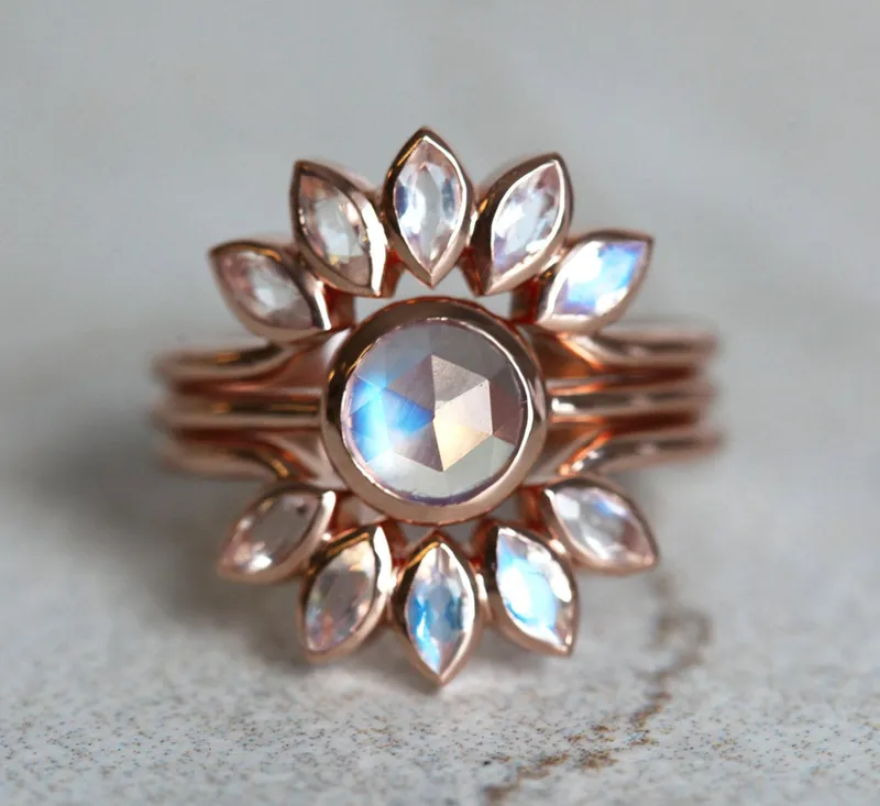Rose Gold Moonstone Ring Set, Floral Moonstone Ring blue round cut engagement ring