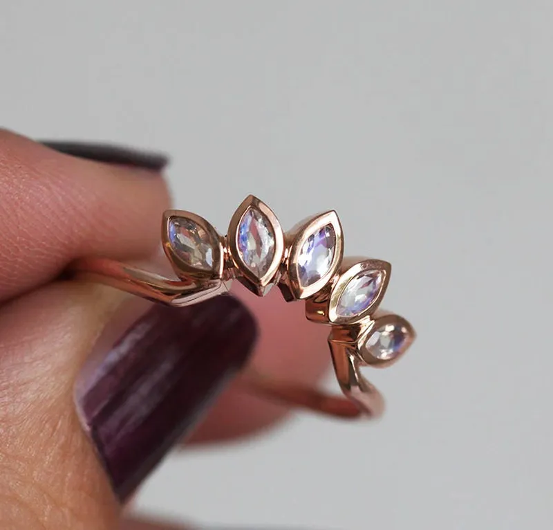 Rose Gold Rainbow Moonstone Wedding Band, Floral Moonstone Ring In 14K Rose Gold, Moonstone Leaf Band view 2