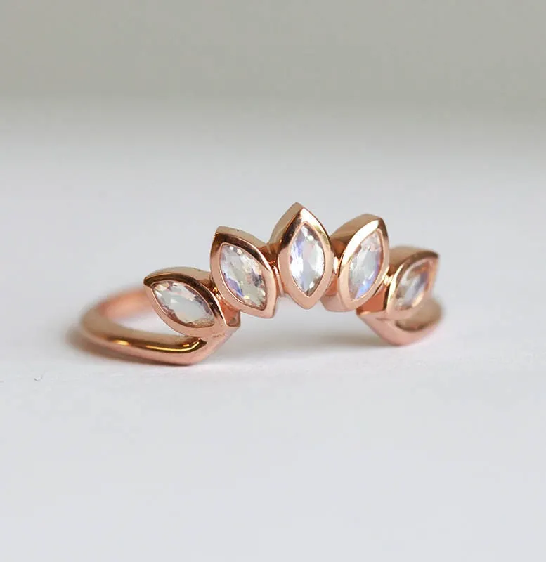 Rose Gold Rainbow Moonstone Wedding Band, Floral Moonstone Ring In 14K Rose Gold, Moonstone Leaf Band view 3