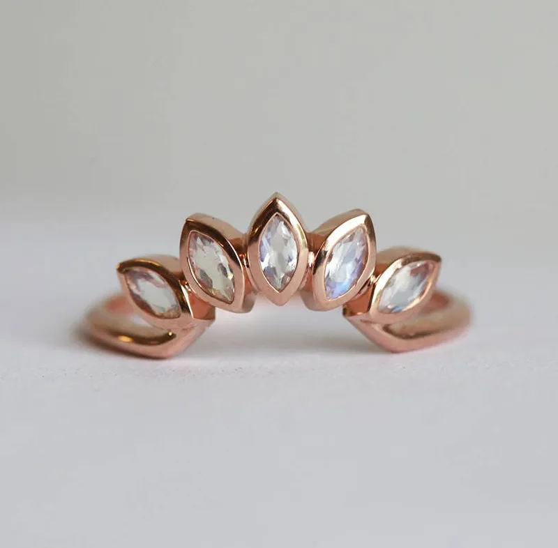 Rose Gold Rainbow Moonstone Wedding Band, Floral Moonstone Ring In 14K Rose Gold, Moonstone Leaf Band view 4