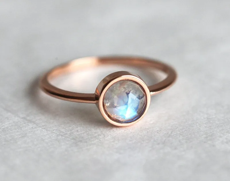 Round Cut Rainbow Moonstone Ring In Gold Bezel Setting vy 2