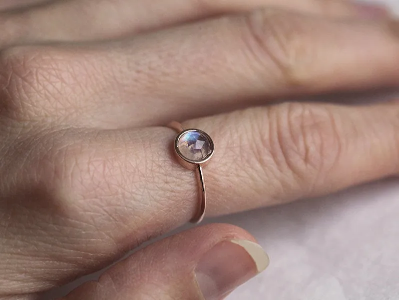 Round Cut Rainbow Moonstone Ring In Gold Bezel Setting vy 3