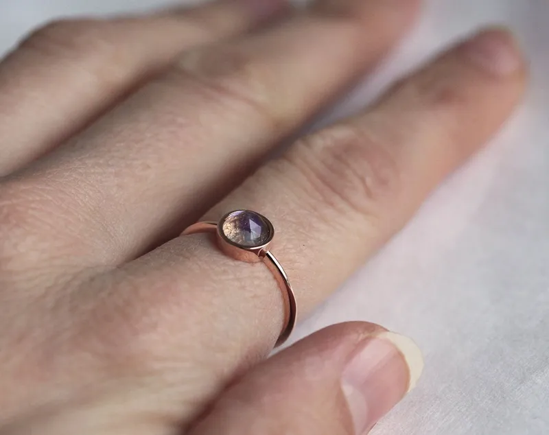 Round Cut Rainbow Moonstone Ring In Gold Bezel Setting vy 5