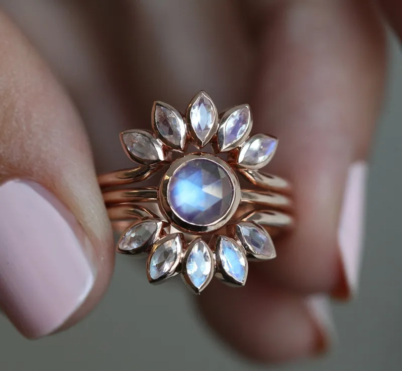 Round Cut Rainbow Moonstone Ring In Gold Bezel Setting vy 6