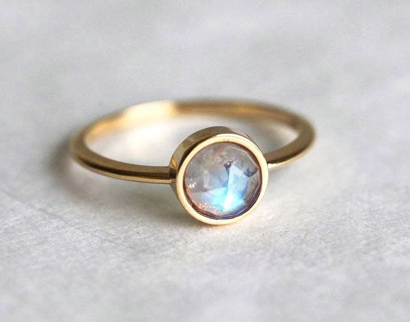 Round Cut Rainbow Moonstone Ring In Gold Bezel Setting vy 7