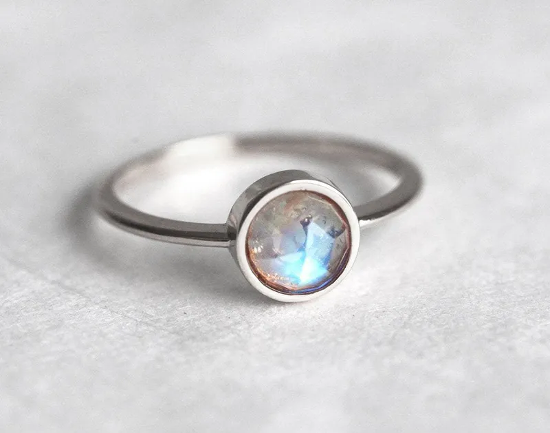 Round Cut Rainbow Moonstone Ring In Gold Bezel Setting vy 8
