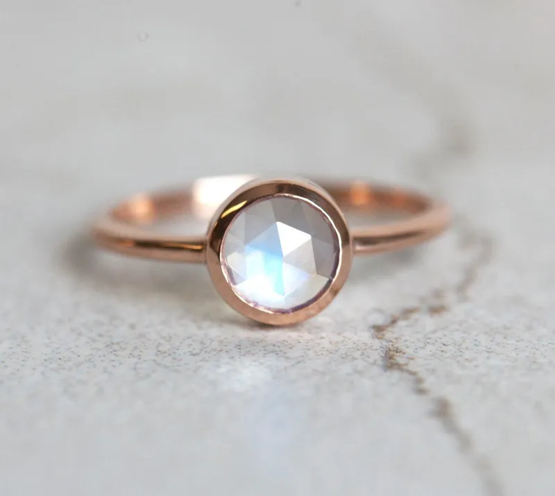 Round Cut Rainbow Moonstone Ring In Gold Bezel Setting round cut engagement ring