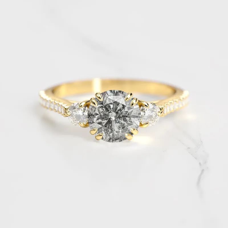 ROUND HALF PAVE SALT & PEPPER DIAMOND RING WITH ACCENT DIAMONDS diamond round cut engagement ring