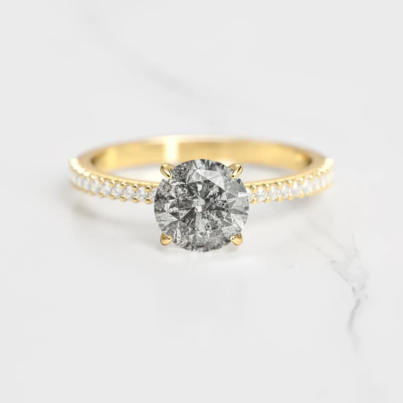 ROUND HALF PAVE TAPERED SALT & PEPPER DIAMOND RING diamond round cut engagement ring
