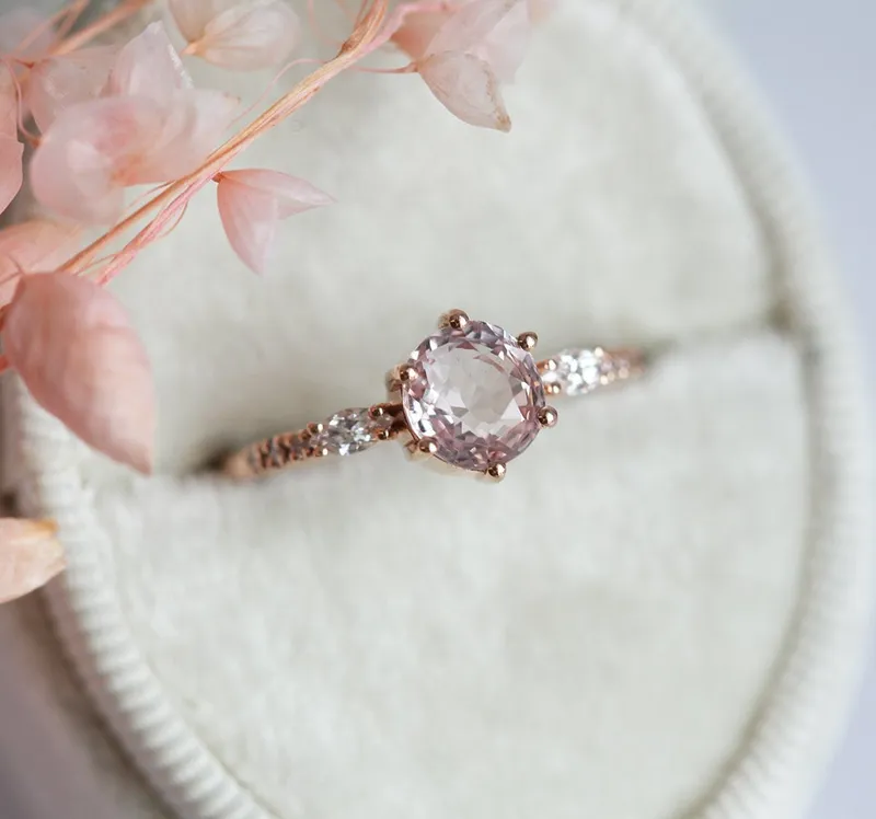 Round Peach Sapphire And Diamond Engagement Ring Set view 10