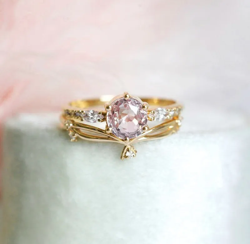 Round Peach Sapphire And Diamond Engagement Ring Set view 11