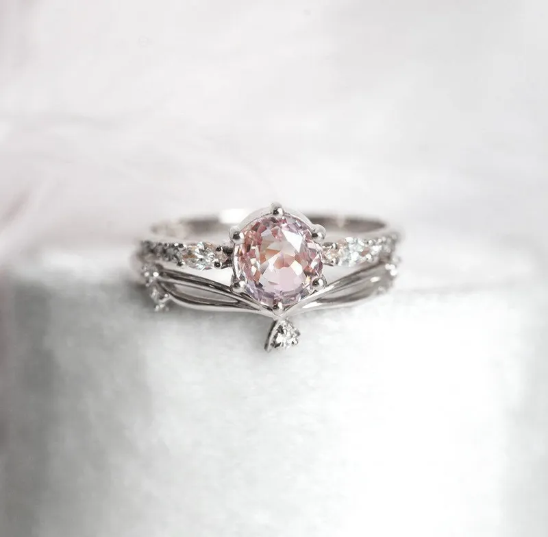 Round Peach Sapphire And Diamond Engagement Ring Set view 12
