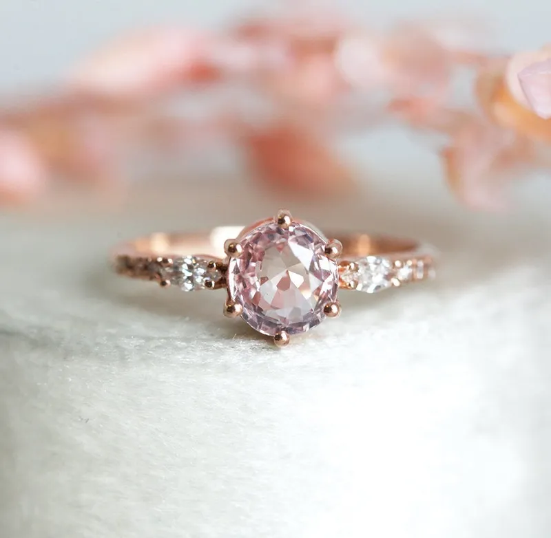 Round Peach Sapphire And Diamond Engagement Ring Set view 2