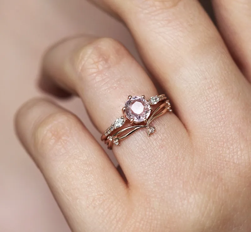 Round Peach Sapphire And Diamond Engagement Ring Set view 3