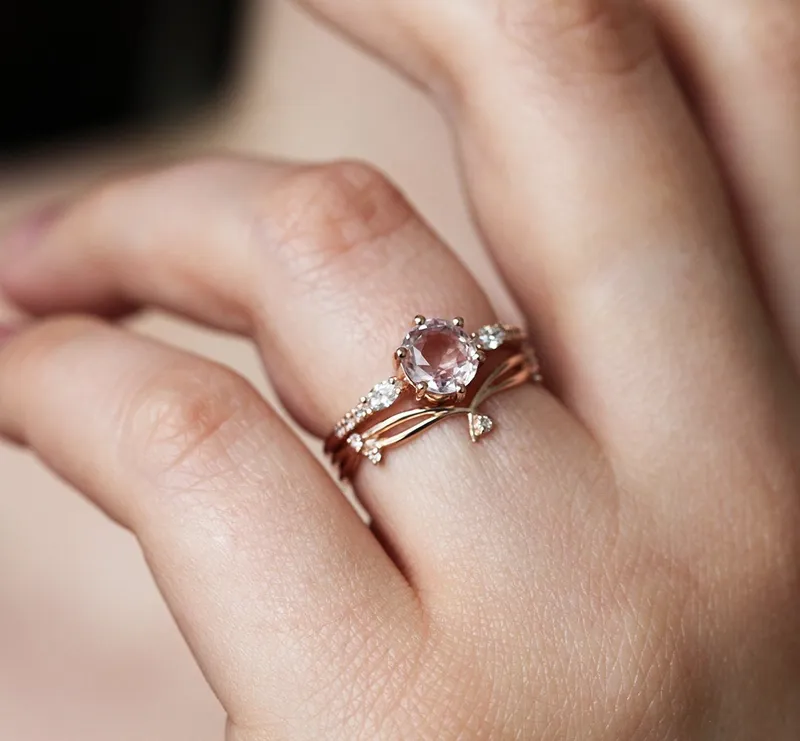 Round Peach Sapphire And Diamond Engagement Ring Set view 4