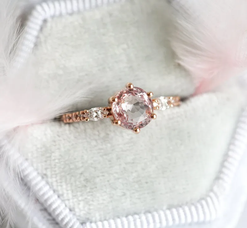 Round Peach Sapphire And Diamond Engagement Ring Set view 5