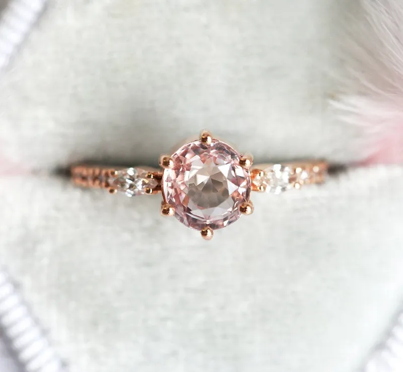 Round Peach Sapphire And Diamond Engagement Ring Set view 6