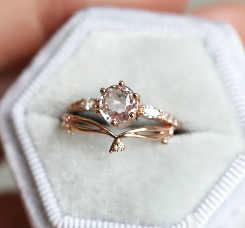Round Peach Sapphire And Diamond Engagement Ring Set view 7