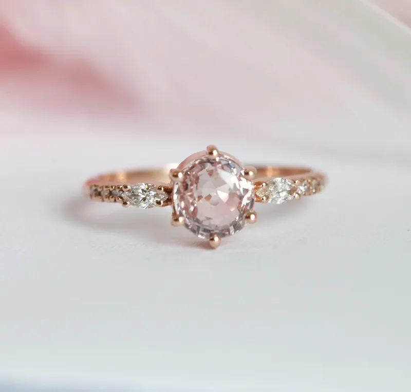 Round Peach Sapphire And Diamond Engagement Ring Set view 8