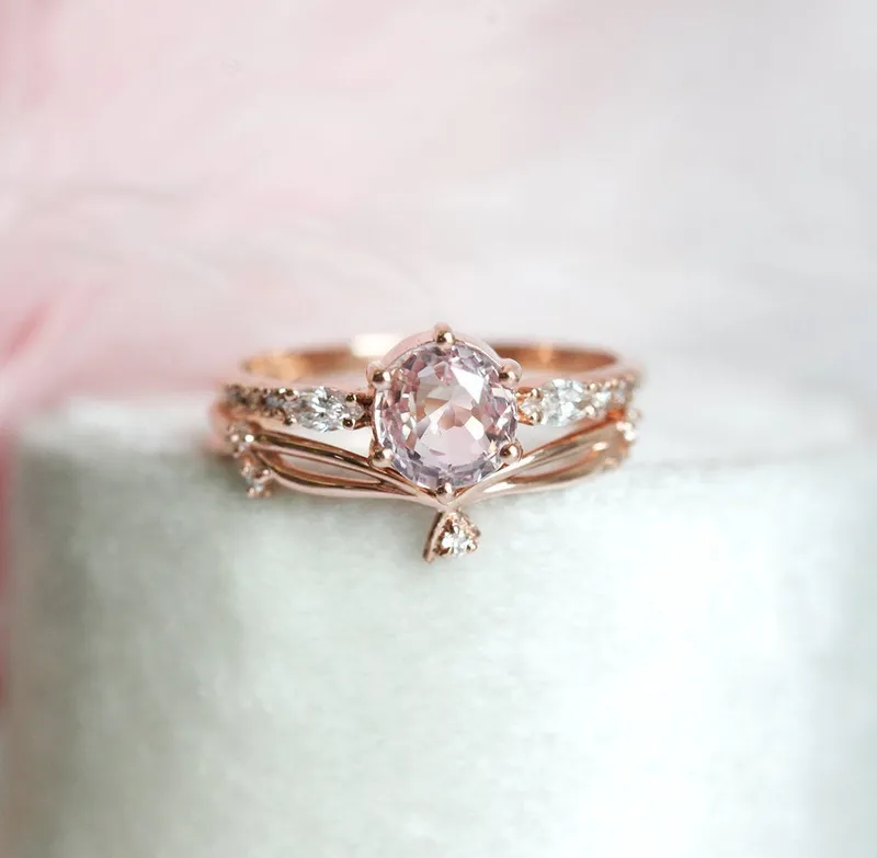 Round Peach Sapphire And Diamond Engagement Ring Set sapphire round cut engagement ring