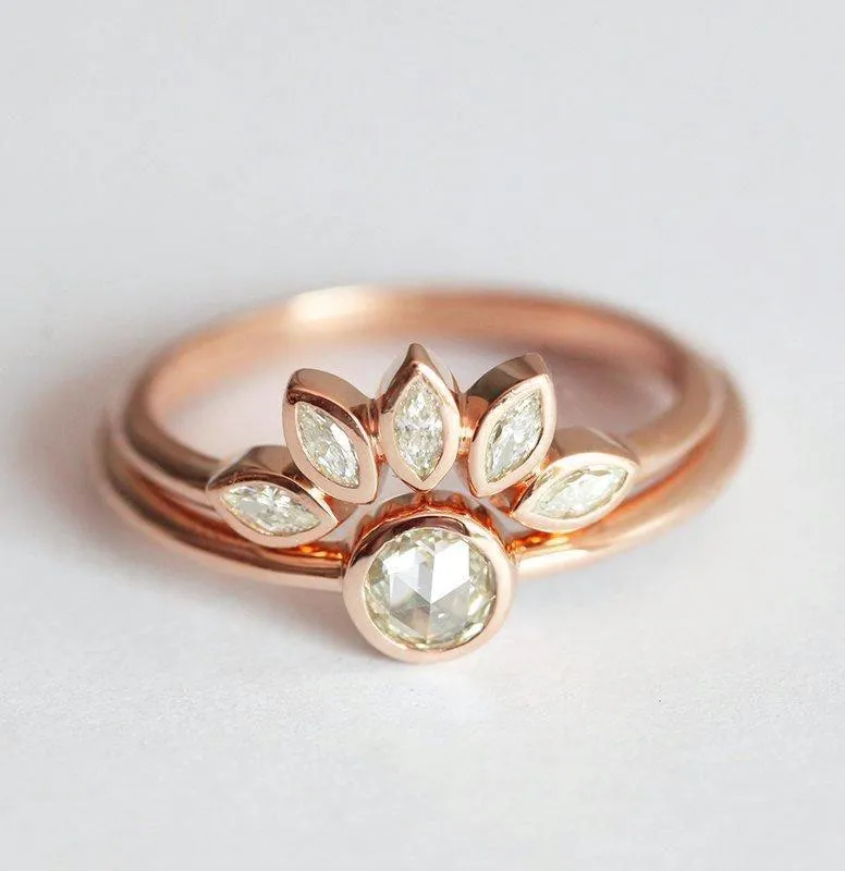 Round Rose Cut Diamond Ring Set With Marquise Diamond Crown vy 6