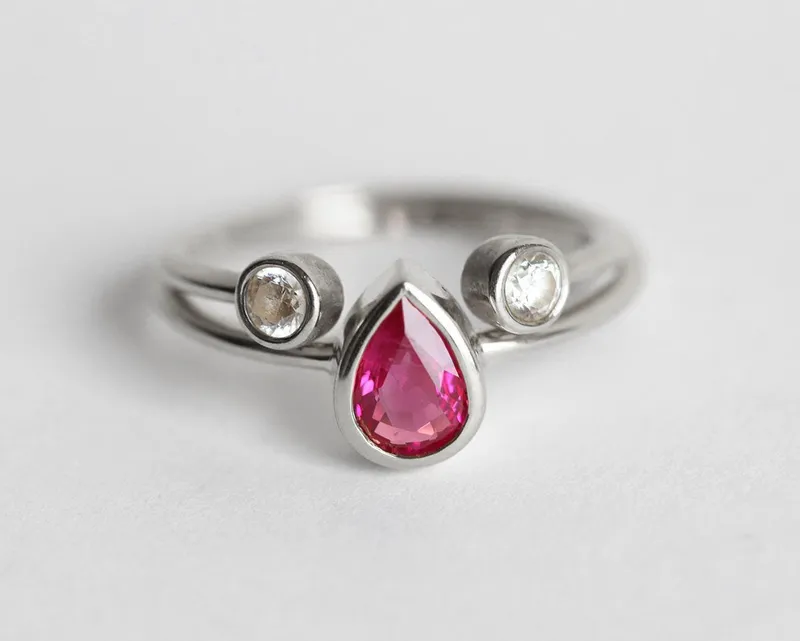 Ruby Engagement Ring, Open Triangle Diamond Band view 7