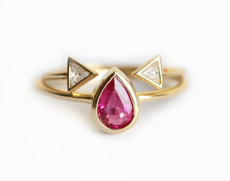 Ruby Engagement Ring, Open Triangle Diamond Band ruby pear cut engagement ring