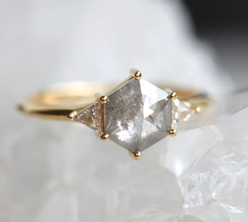 Salt And Pepper Diamond Engagement Ring Set, 14K 18K Gold Hexagon Diamond Ring Set, Salt Pepper Bridal Ring Set view 10