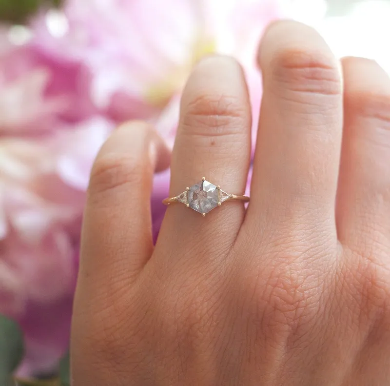 Salt And Pepper Diamond Engagement Ring Set, 14K 18K Gold Hexagon Diamond Ring Set, Salt Pepper Bridal Ring Set view 2