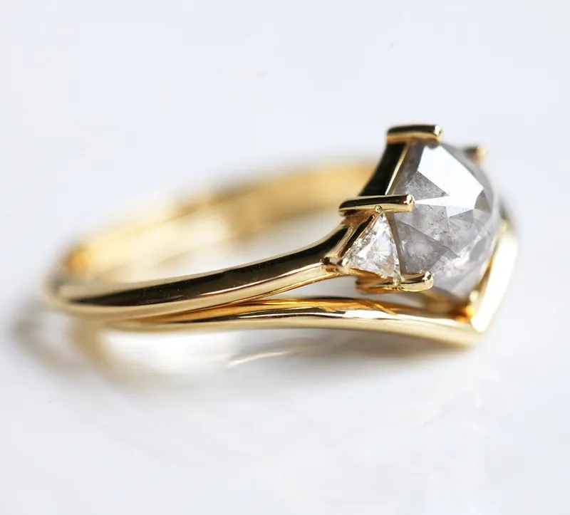 Salt And Pepper Diamond Engagement Ring Set, 14K 18K Gold Hexagon Diamond Ring Set, Salt Pepper Bridal Ring Set view 3