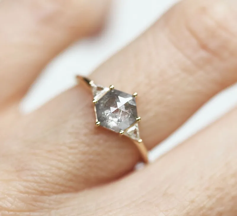 Salt And Pepper Diamond Engagement Ring Set, 14K 18K Gold Hexagon Diamond Ring Set, Salt Pepper Bridal Ring Set view 4