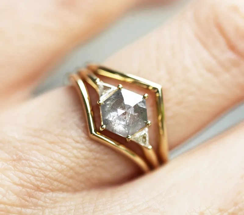 Salt And Pepper Diamond Engagement Ring Set, 14K 18K Gold Hexagon Diamond Ring Set, Salt Pepper Bridal Ring Set view 5