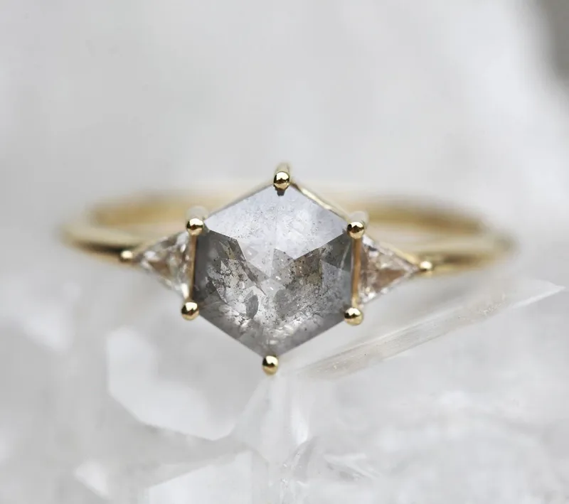 Salt And Pepper Diamond Engagement Ring Set, 14K 18K Gold Hexagon Diamond Ring Set, Salt Pepper Bridal Ring Set view 6