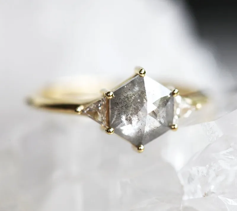 Salt And Pepper Diamond Engagement Ring Set, 14K 18K Gold Hexagon Diamond Ring Set, Salt Pepper Bridal Ring Set view 7