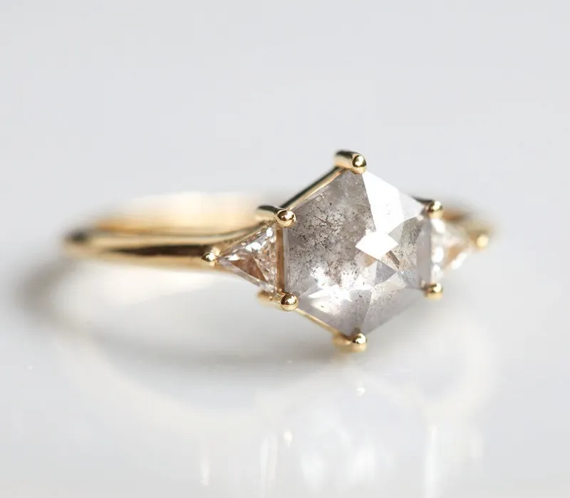 Salt And Pepper Diamond Engagement Ring Set, 14K 18K Gold Hexagon Diamond Ring Set, Salt Pepper Bridal Ring Set view 8