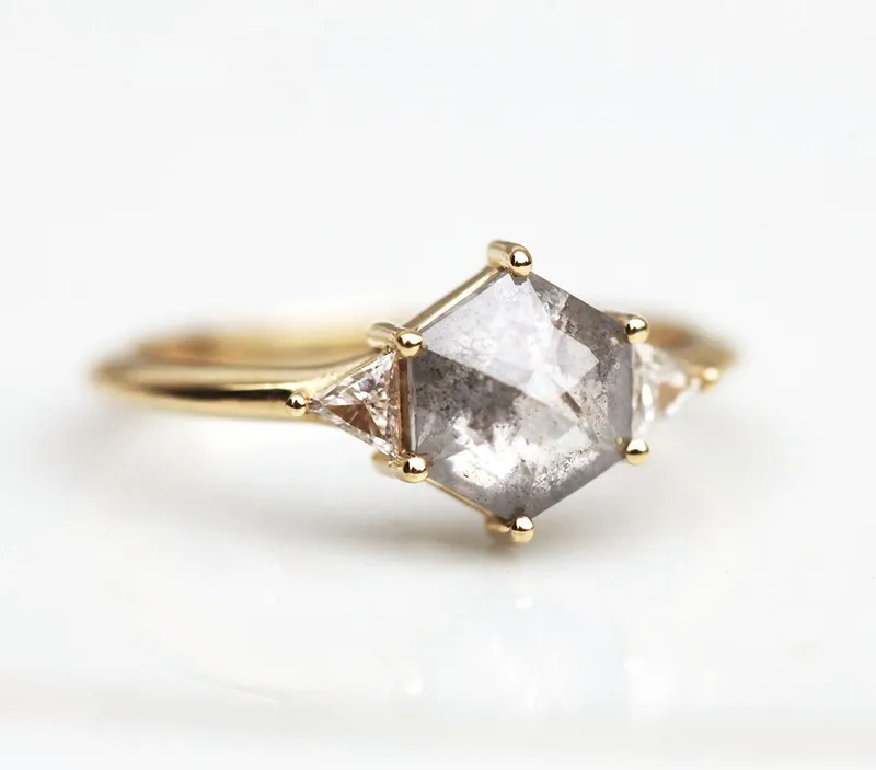 Salt And Pepper Diamond Engagement Ring Set, 14K 18K Gold Hexagon Diamond Ring Set, Salt Pepper Bridal Ring Set view 9
