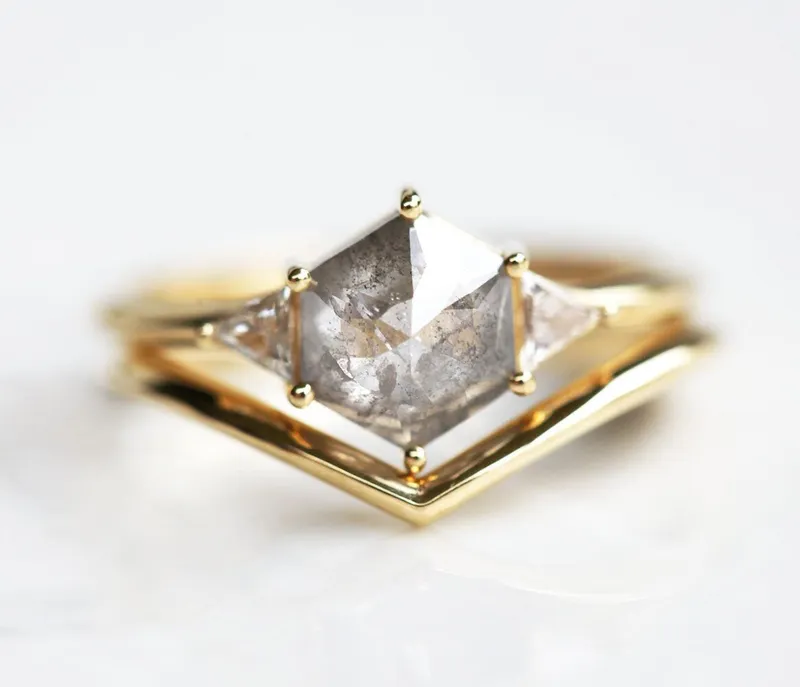 Salt And Pepper Diamond Engagement Ring Set, 14K 18K Gold Hexagon Diamond Ring Set, Salt Pepper Bridal Ring Set diamond engagement ring