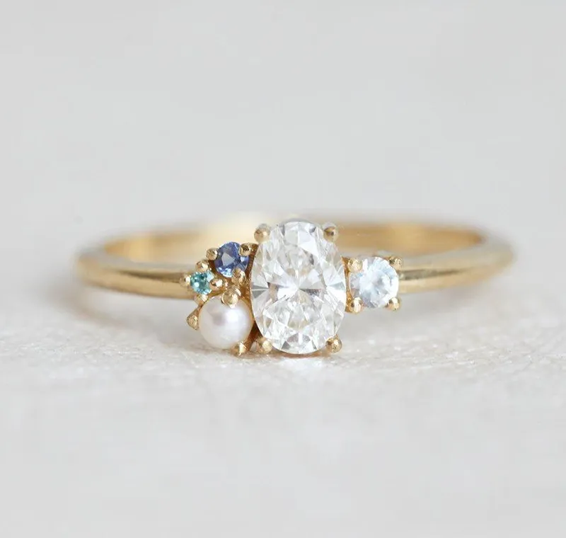 Sammie Oval Diamond Sapphire Pearl Cluster Ring view 2