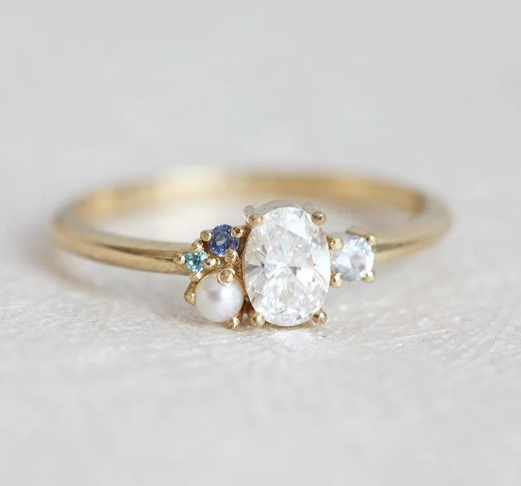Sammie Oval Diamond Sapphire Pearl Cluster Ring view 4