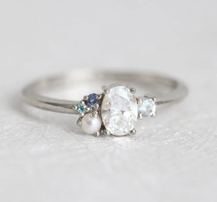 Sammie Oval Diamond Sapphire Pearl Cluster Ring view 7