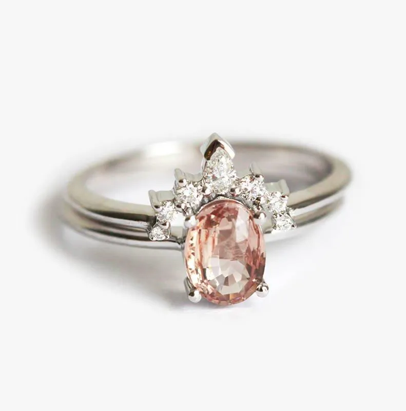 Sapphire Ring Set, 18K Engagement Ring Set peach sapphire oval cut engagement ring