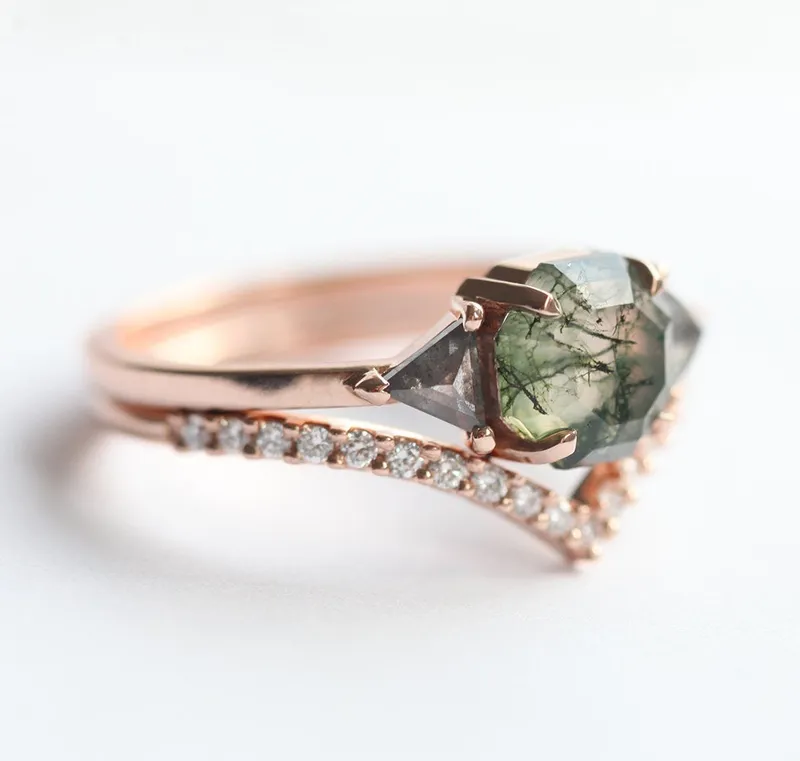Sasha Octagon Moss Agate Ring With Diamond Band vy 9